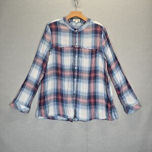 Anthropologie Cloth & Stone Plaid Gauze Button up Shirt Roll tab long sleeve M